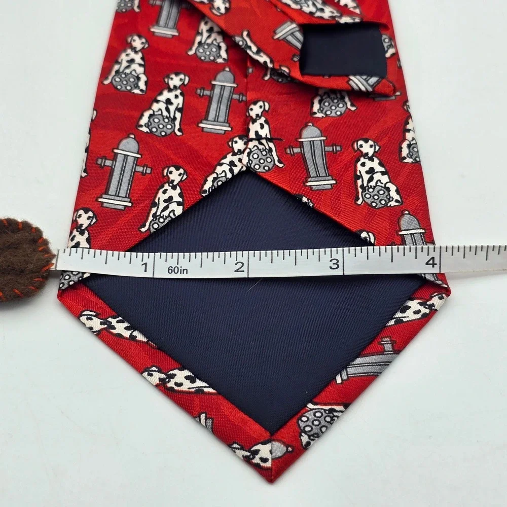 Renaissance Mens 100% Silk‎ Tie Red Dalmatian Dog Fire Hydrant Novelty 3.75 Inch
